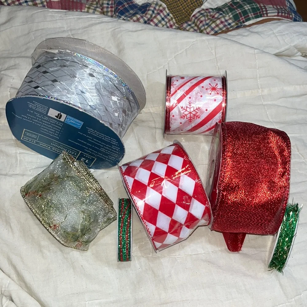 7 rolls Christmas Ribbon variety over 75 ft of Ribbon 1 LED LIGHTED - ALL NEW